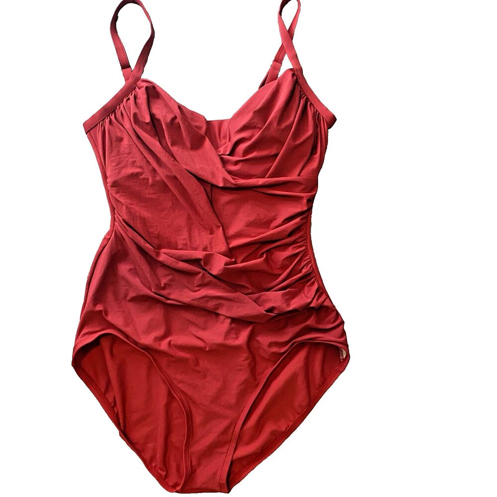 JANTZEN Classics Swimsuit 1-Piece Slimming Ruched Adjustable Straps Women 14 Red